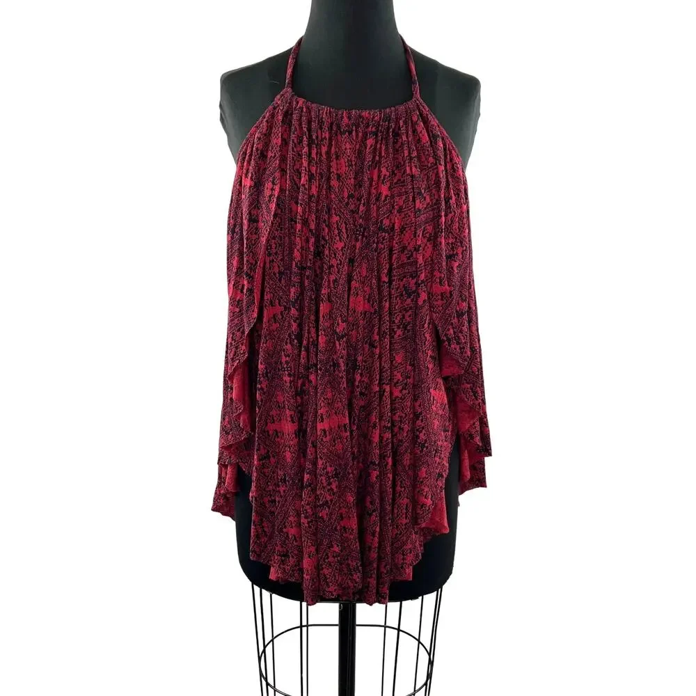 FREE PEOPLE Burgundy Blouse Viscose Asymmetric Printed Back Double Dutch S Small